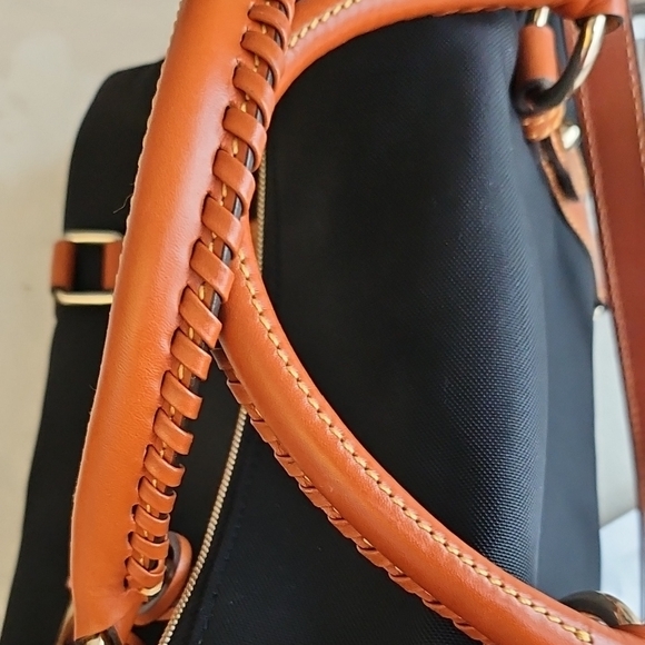 Dooney & Bourke Medium Black Canvas and Brown Leather Trim Satchel - Picture 4 of 13